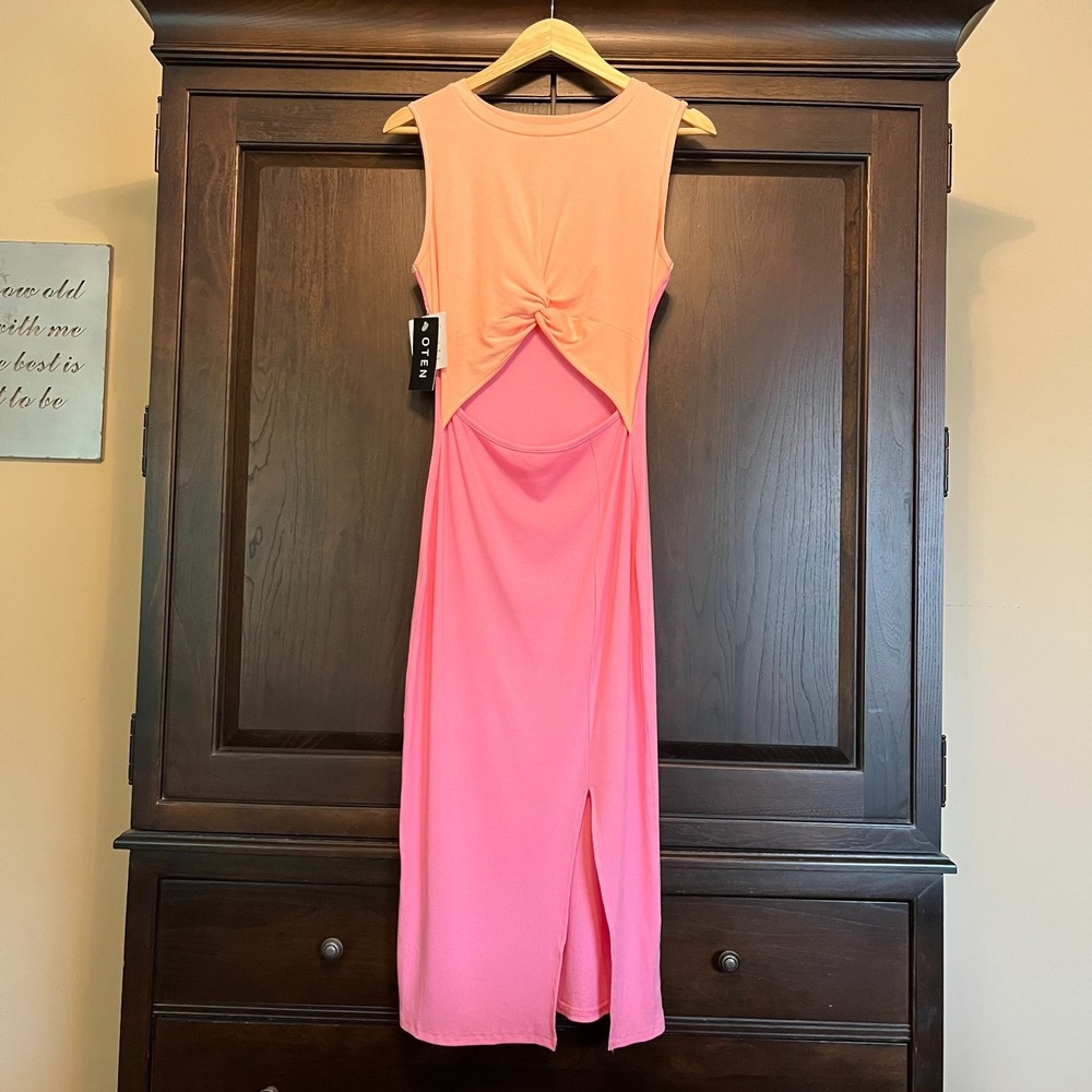 NWT Oten Cutout Midi Dress Womens Size L Peach Pink Ribbed Bodycon Slit Rayon